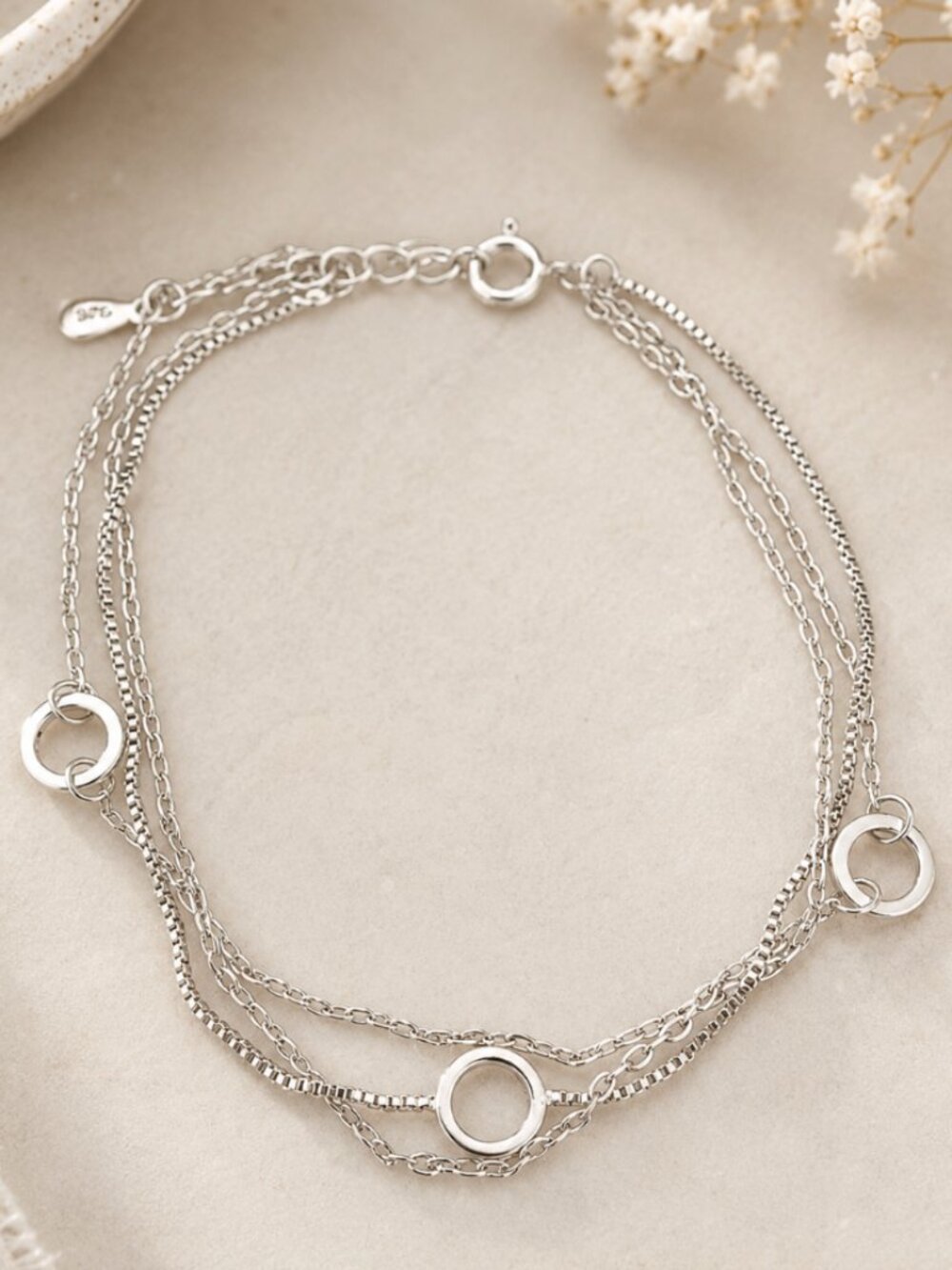 925 Sterling Silver Triple Layer Circle Bracelet Dainty Bracelet